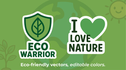 Eco Warrior and I Love Nature Vector Set – Editable Environmental Icons with Leaf Shield and Heart Message – AI and EPS Sustainability Graphics
