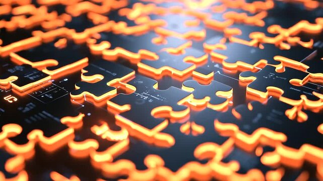 A network of interlocking, glowing puzzle pieces floating in a D digital environment, signifying seamless API connections and data flow within a tech landscape.