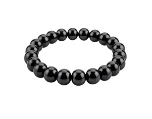 Obraz premium Glossy Black Obsidian Bead Bracelet Reflecting Light on a Dark Background