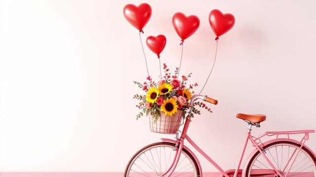 Pink bicycle with flowers and heart balloons