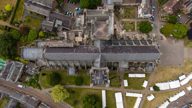 Aerial view of exeter cathedral and historic market in the city center, exeter, united kingdom.