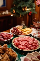 Festive Holiday Charcuterie Board Close Up with Salami Cheese and Fried Dough in a Cozy Home Setting