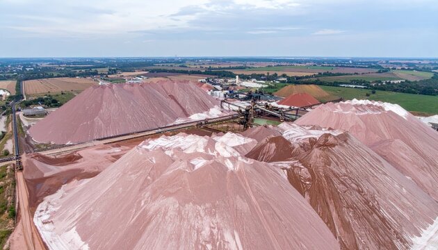 Heaps of pink and white earth near industrial site under cloudy skies