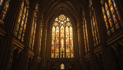 Obraz premium A medieval cathedral with stained glass windows illuminated by golden sunlight showing biblical scenes associated with the descent of the Holy Spirit Majestic and reverent