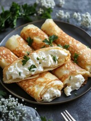 Close-up of rolled crepes filled with cottage cheese on a plate, garnished with fresh parsley, studio shot, food photography