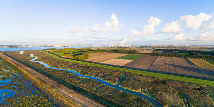 Aerial panorama of farmland in polder Hertogin Hewdigepolder in 2016 before the depoldering, Zeeland, Netherland.