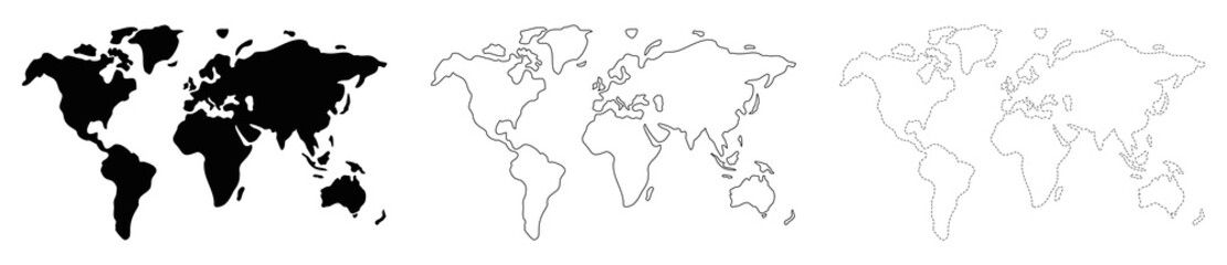 Set of flat earth, globe world map black on white, outline map