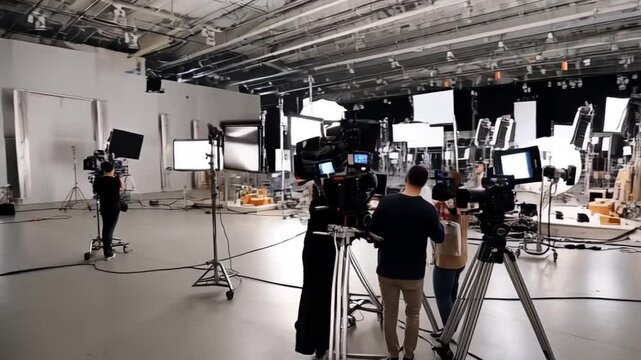 Studio set behind the scenes with a video production crew, advanced camera equipment, and lighting rigs. A professional filming environment, perfect for illustrating creative workflows 