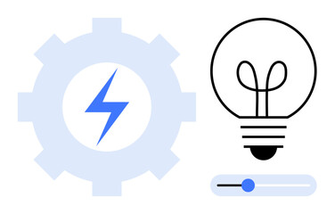 Gear with lightning bolt symbol, bulb, and slider conveying energy, innovation, efficiency, creativity, technology, control and functionality. Ideal for energy innovation power management