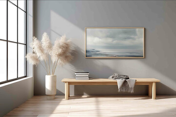 Closeup mockup of a horizontal oil painting 61x150cm 2461 ratio mounted on a smooth mediumgray wall inside a Scandinavianstyle interior The painting is frame
