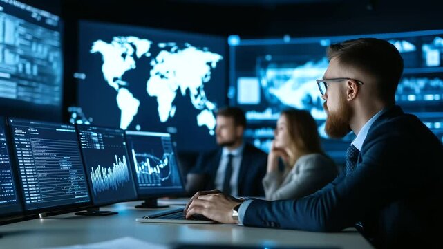 A team of professionals conducting a global supply chain review in a conference room, with maps, digital screens, and charts showing logistics and planning for future operations.