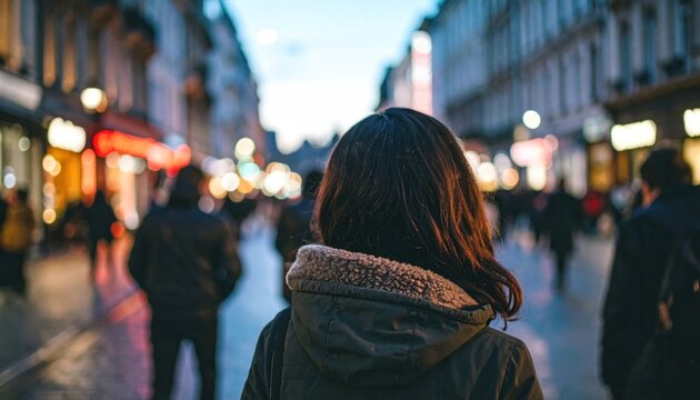 Woman in a city street with blurred crowd, looking forward, warm hues, dusk