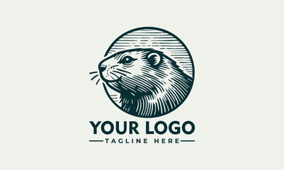 Beaver emblem illustration, detailed sketch style of beaver near water in circular badge design

