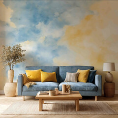 WALLPAPER AZUL AMARILLO Y BEIGE CON EFECTO ACUARELA PASTELES