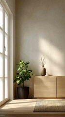 Minimalist interior design beige wall with window sideboard and plant on the floor sunlight coming in from the left photorealistic