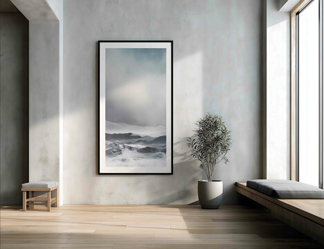 a minimal modern art gallery wall with a single large framed digital painting hanging at eye level thin matte black frame light gray concrete wall soft ambie