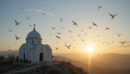 Obraz premium A soft sunrise breaking over a hilltop chapel with white doves taking flight from the rooftop bathed in golden light