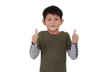 Portrait of smiling Asian boy showing thumb up fingers isolated on white studio background.