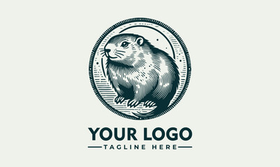 Beaver emblem illustration, detailed sketch style of beaver near water in circular badge design  © nuaari