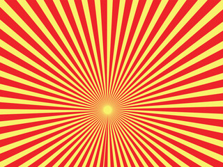 Yellow and red banner with Sun rays, yellow comic background. Sunburst background