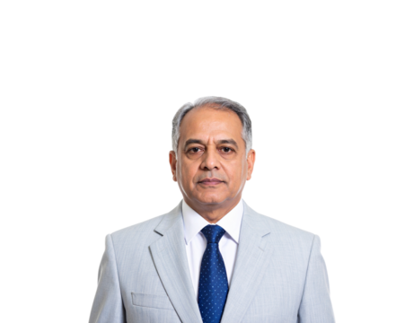 Mature man in light grey suit and blue tie serious expression headshot - Powered by Adobe