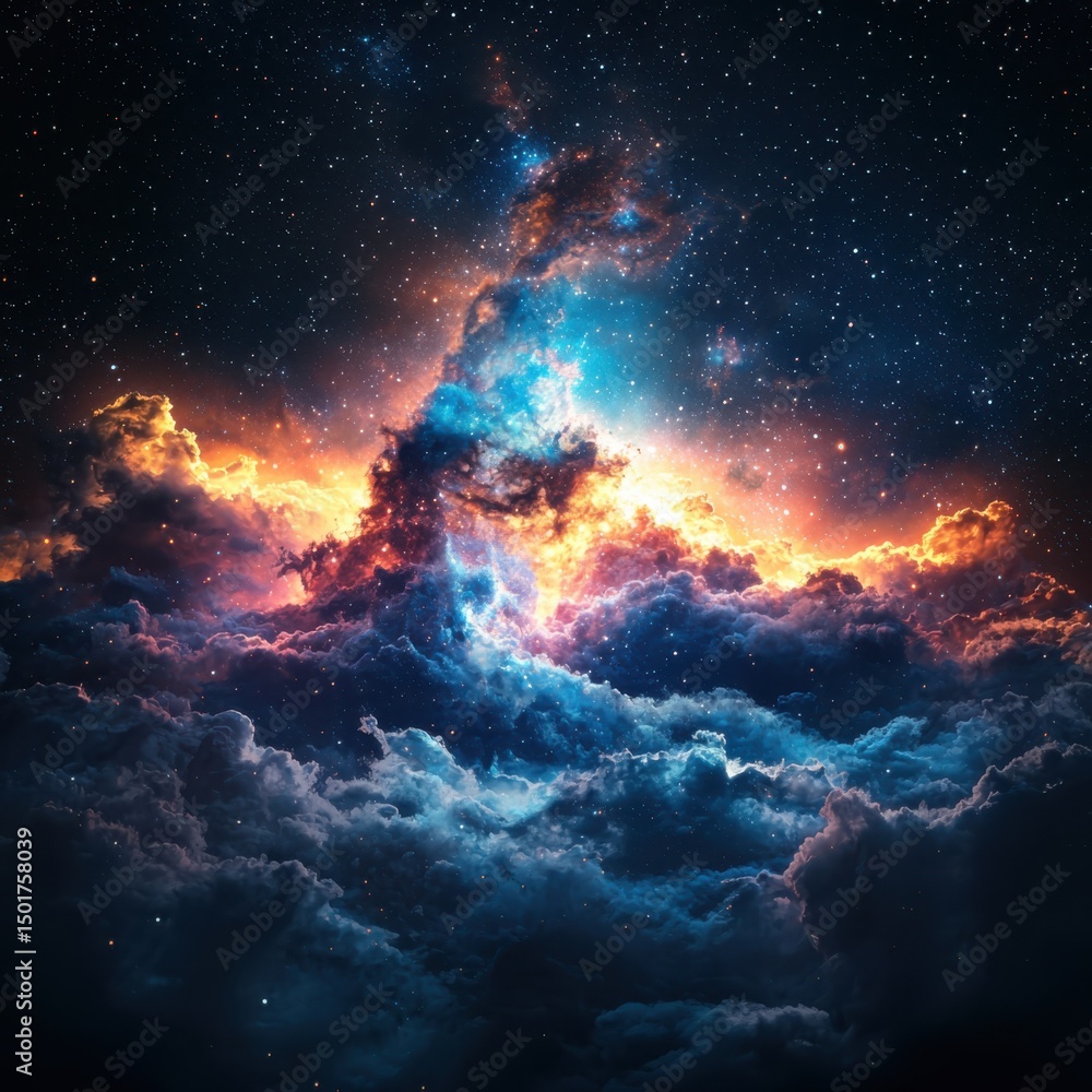 Poster celestial explosion of color outer space digital art cosmic scene wide-angle view abstract universe