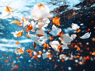Floating petals in a serene underwater scene nature photography tranquil environment aesthetic viewpoint