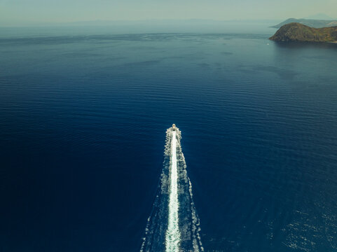 Aerial view of boats along the coastline in Lipari island, Aeolian Islands archipelagos, Sicily, Italy.