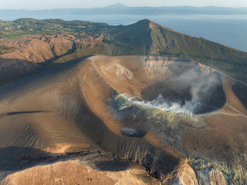 Aerial view of Vulcano crater on Aeolian Islands archipelagos, Messina, Sicily, Italy.