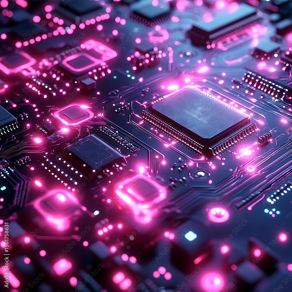 Aufkleber high resolution photo of a neon lit computer circuit board with glowing components