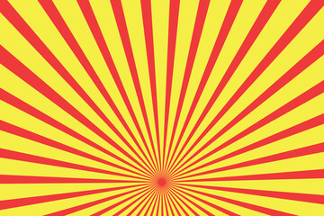 Yellow and red banner with Sun rays, yellow comic background. Sunburst background