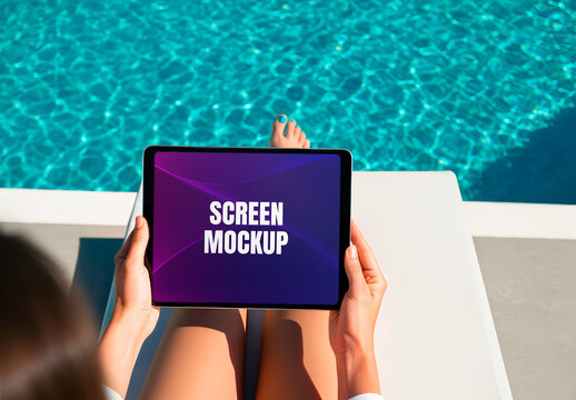 Woman Holding a Tablet Mockup By the Pool