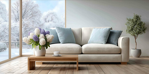 A direct front view of a minimalist living room The focus is on a modern beige sofa with square armrests adorned with two ocean blue cushions In front of the