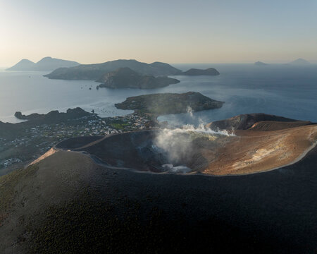 Aerial view of Vulcano crater on Aeolian Islands archipelagos, Messina, Sicily, Italy.