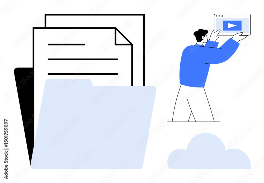 Aufkleber person interacting with a multimedia window above a cloud next to documents and folders. ideal for c