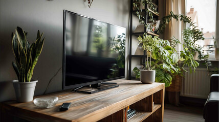 a modern TV in a living room of a house with some plants cinematic look