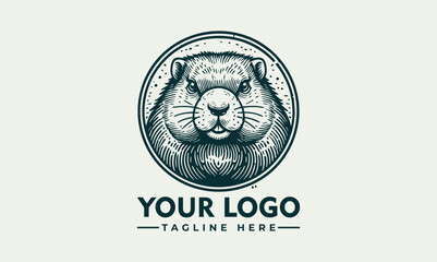 Beaver emblem illustration, detailed sketch style of beaver near water in circular badge design  © nuaari