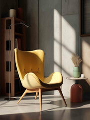 a photo of a modern chair in the modern designed room with other furniture on the background soft light hyper realistic style