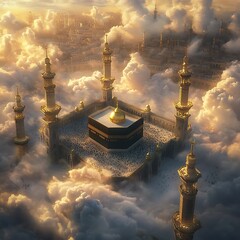 A majestic mosque floating amongst clouds.