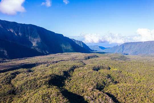 Aerial view of forest and mountains, Foret de Bebour, Reunion Island, an overseas department of France.