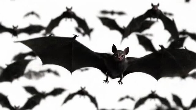 Group of black bats flying on white background with one bat in focus. Concept of Halloween horror, spooky night creatures, dark flying animals in creepy atmosphere, animation