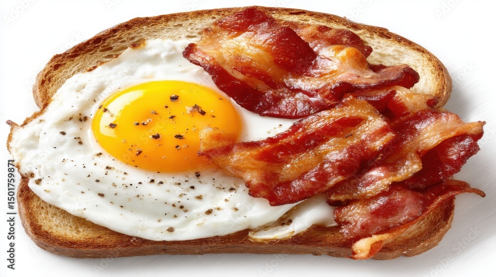 Poster overhead studio shot of a breakfast toast with fried egg and bacon strips on a white background for 