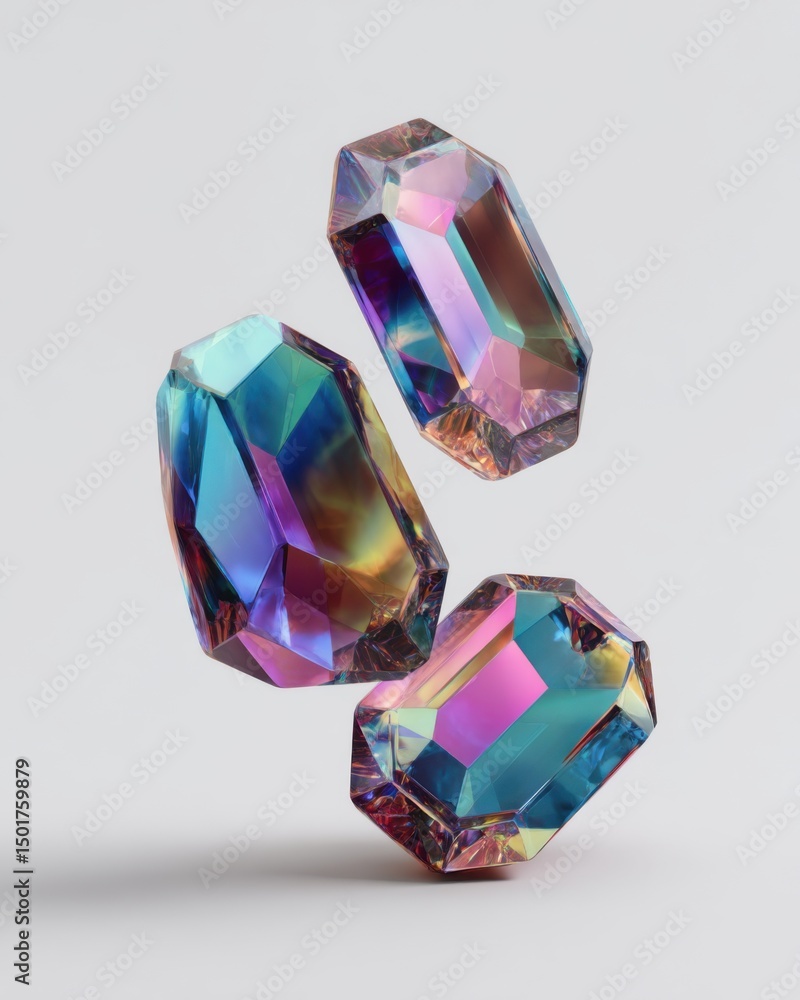 Poster three iridescent crystals floating against a soft white background studio shot with colorful reflect