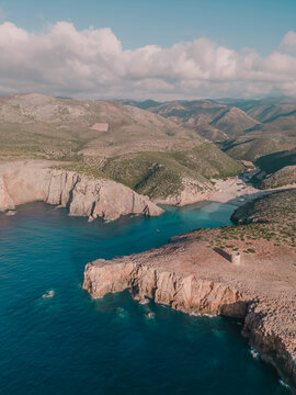 Aerial view of Cala Domestica, Buggerru, Sardinia, Italy.