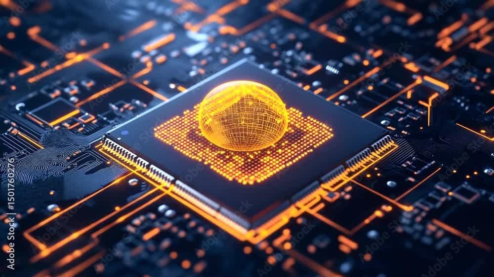 Poster a futuristic ai processor with a digital wireframe globe displayed above it, symbolizing the globali