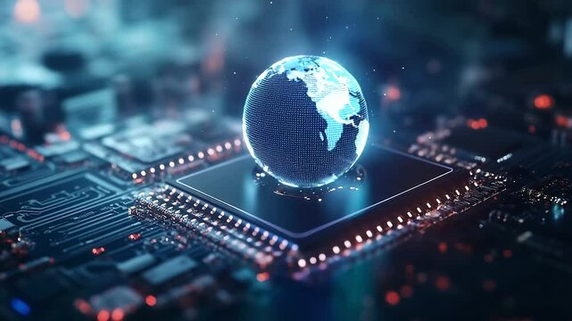 A floating semiconductor chip with a pulsating digital Earth hologram above it, symbolizing the connectivity and economic significance of the global semiconductor trade.