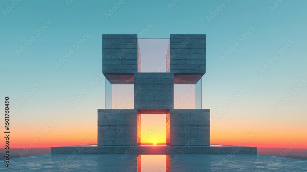 Poster sunrise over abstract architectural structure minimalist design digital rendering urban environment 