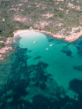 Aerial view of Spiaggia del dottore, Porto Istana, Sardinia, Italy.