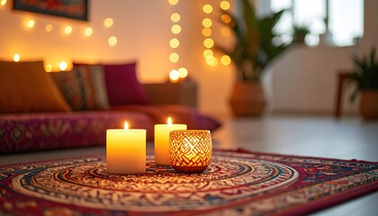 Cozy room with candles on rug. Warm lights. Bohemian vibe. Relaxing space