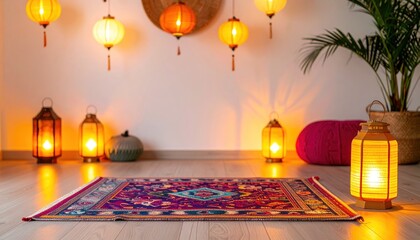 Warm, cozy room with lanterns, rug, and plant